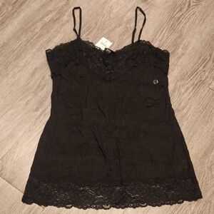 NWT- Vanity Tank Top Womens L  Black Lace Trim Crinkle Camisole Fairy Goth Y2K